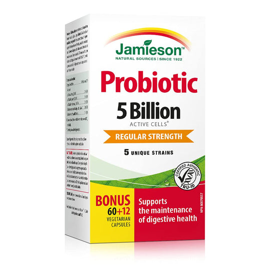 Jamieson Probiotic 5 Billion Active Cells, Bonus Size, Supports Digestive Health and Microbial Diversity. 5 Unique Strains, Including Lactobacillus and Bifidobacterium, Non-GMO, Gluten-Free, 72 Vegetarian capsules