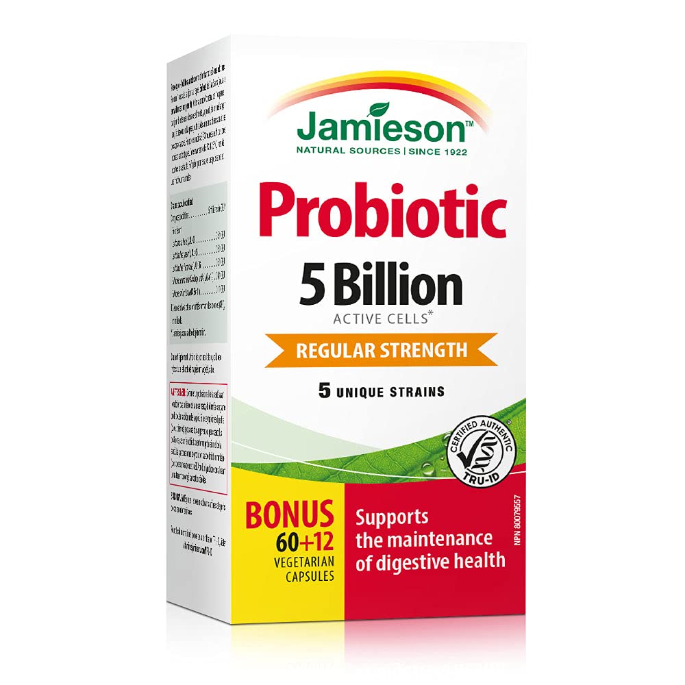 Jamieson Probiotic 5 Billion Active Cells, Bonus Size, Supports Digestive Health and Microbial Diversity. 5 Unique Strains, Including Lactobacillus and Bifidobacterium, Non-GMO, Gluten-Free, 72 Vegetarian capsules