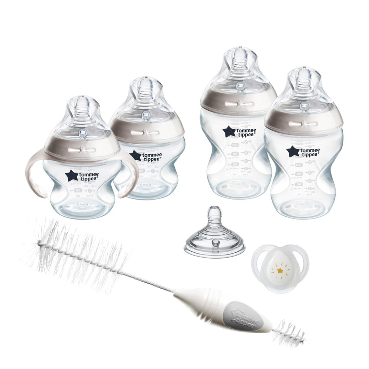 Tommee Tippee Natural Start Baby’s First Bottle and Pacifier 8 Piece Set, 2 x 5oz and 2 x 9oz Anti-Colic BPA Free Bottles, 2 Extra Slow and Medium Flow Nipples, 2, 0-6 Month Pacifiers, Clear