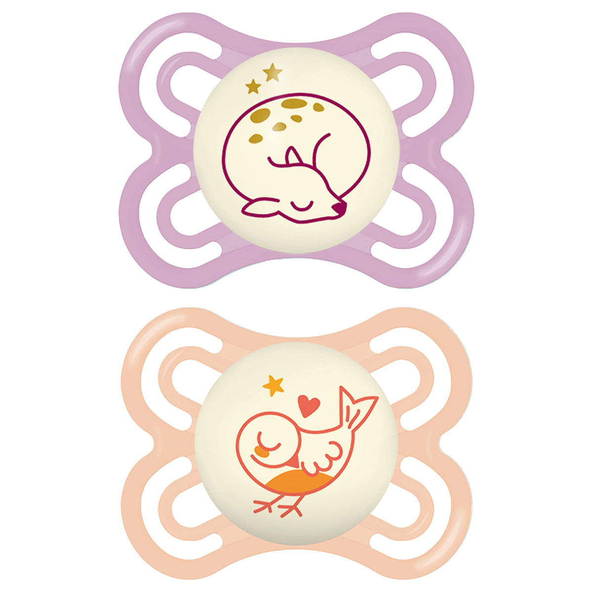 MAM Perfect Night Pacifiers (2 Pacifiers & Sterilizing Box), MAM Soother with a Silicone Nipple, Glow in the Dark Pacifiers, Baby Essentials, Girl, 0-6 Months