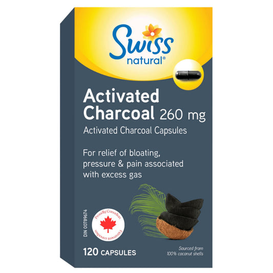 Swiss Natural Activated Charcoal, 260mg | Relief for Bloating, Gas & Digestive Discomfort | 100% Coconut Shell Sourced | No Dairy, Gluten, or Preservatives | 120 Capsules
