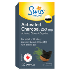 Swiss Natural® Activated Charcoal, 260mg | Relief for Bloating, Gas & Digestive Discomfort | 100% Coconut Shell Sourced | No Dairy, Gluten, or Preservatives | 120 Capsules