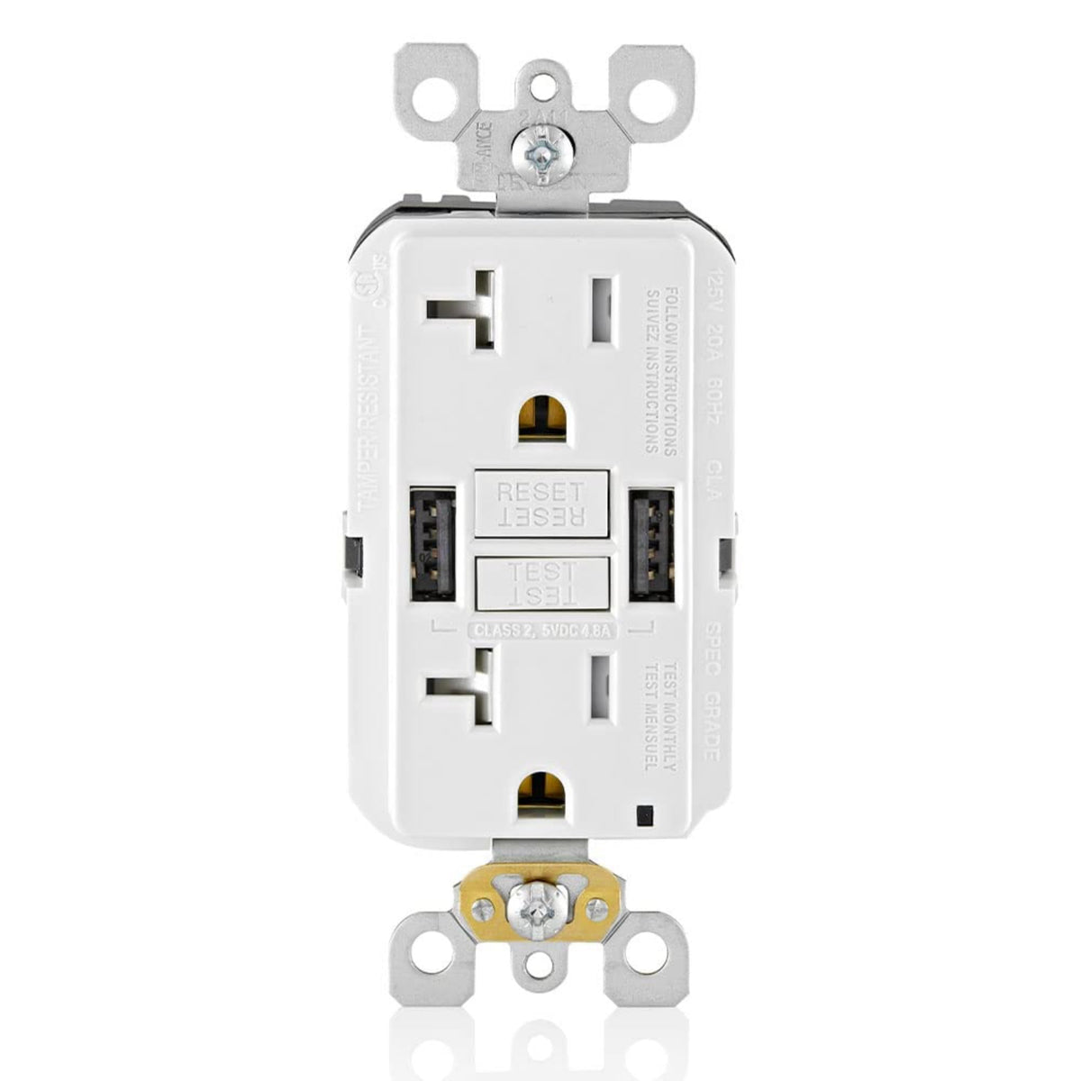 Leviton GFCI USB Dual Type A Combination Receptacle, 20 Amp Tamper-Resistant, SmartlockPro, GUSB2-00W, White