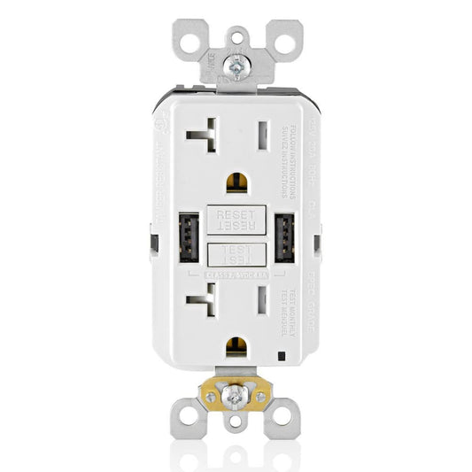 Leviton GFCI USB Dual Type A Combination Receptacle, 20 Amp Tamper-Resistant, SmartlockPro, GUSB2-00W, White