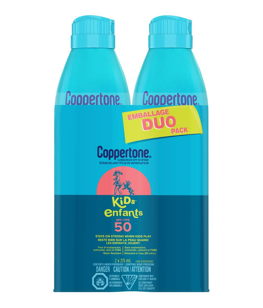 Coppertone Kids Sunscreen Spray SPF 50 Duo Pack, Hypoallergenic Sunscreen for Kids, Water Resistant Face and Body Spray Sunscreen for Children, Octinoxate and Oxybenzone Free, 2 x 215mL