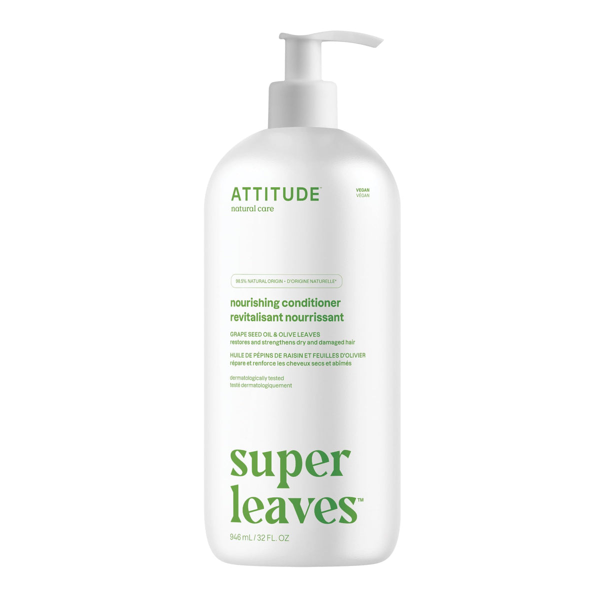 ATTITUDE Nourishing Hair Conditioner, Made in Canada, For Dry and Damaged Hair, Naturally Derived Ingredients, Vegan Detangler, Dermatologically Tested, Grapeseed Oil and Olive Leaves, 946 mL