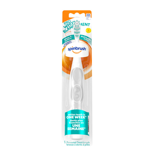 Spinbrush Pro Series Ultra White Battery-Powered Toothbrush, Soft Bristles, Assorted Colours, Duracell Batteries Included