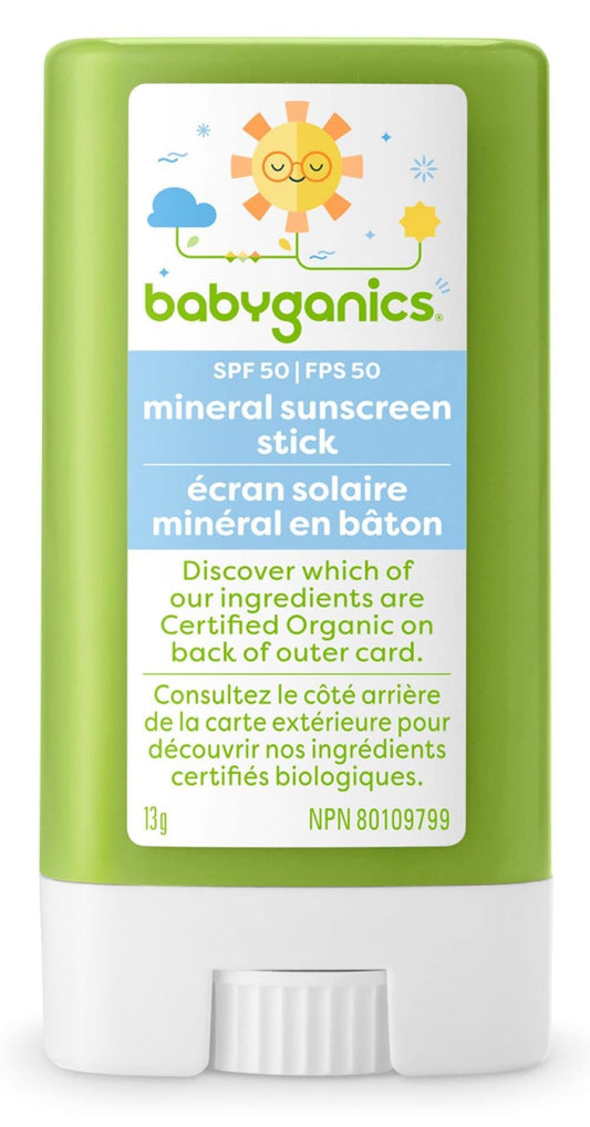 Babyganics Fragrance-Free Sunscreen Stick, SPF 50+ Sunblock with UVA/UVB Protection for Baby’s Skin, Organic, Water-Resistant, & Tear-Free Formula, 13g, Packaging May Vary