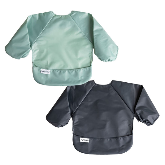 Tiny Twinkle Mess Proof Baby Bib, 2 Pack Long Sleeve Bib Outfit, Waterproof Bibs for Toddlers, Machine Washable, Tug Proof Sage + Charcoal 2-4y