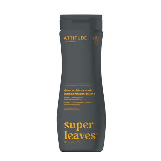 ATTITUDE 2-in-1 Body Wash and Hair Shampoo, Made in Canada, EWG Verified Shower Gel, Dermatologically Tested, Vegan Personal Care, Ginseng and Grapeseed Oil, 473 mL