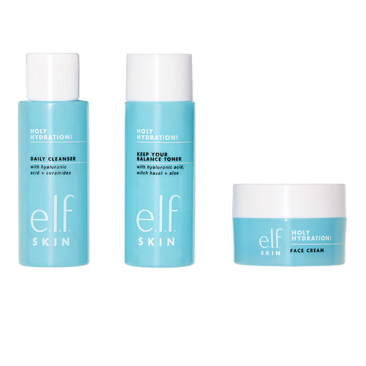 e.l.f. SKIN Holy Hydration The Essentials Mini Kit, Cleanser, Toner & Moisturizer for Hydrated & Balanced Skin, TSA-Friendly Sizes