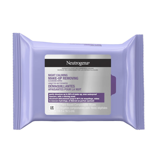 Neutrogena Night Calming Makeup Removing Cleansing Wipes, Nighttime Cleansing Facial Wipes Remove Sweat, Sunscreen, Dirt & Waterproof Makeup & Calming scent, Hypoallergenic, 100% Plant Based Cloth, 25 ct