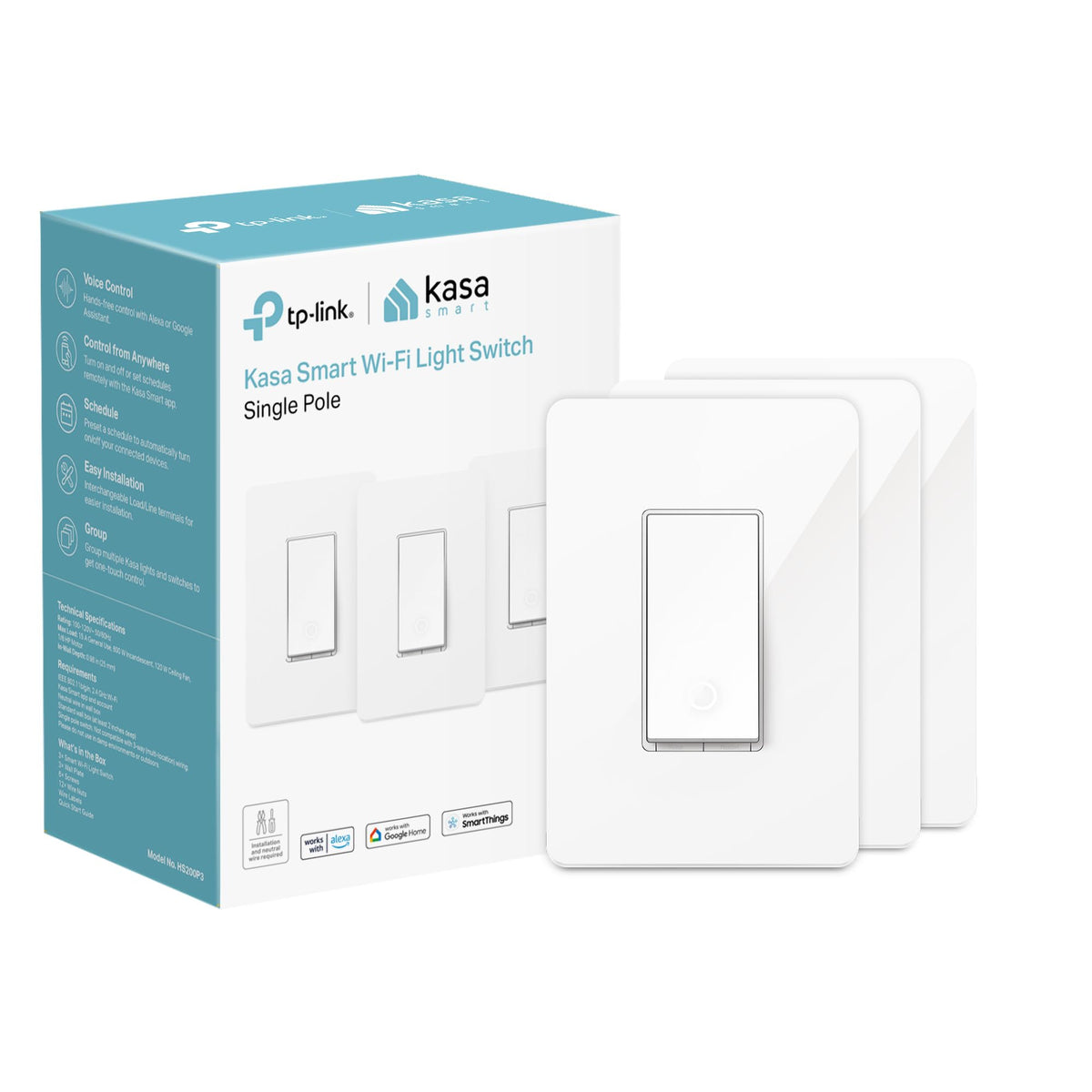 Kasa Smart Single Pole Light Switch by TP-Link (HS200P3) - Neutral Wire and 2.4GHz Wi-Fi Connection Required, Not Dimmer Switch, Works with Alexa and Google Home, No Hub Required, UL Certified, 3-Pack , White