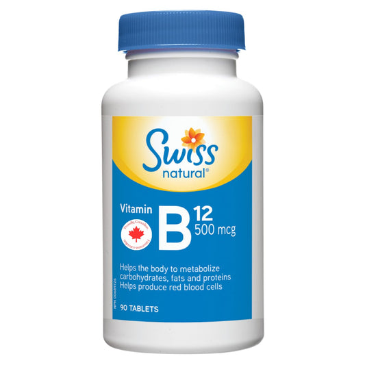 Swiss Natural Vitamin B12 (Cyanocobalamin) 500mcg | 90 Tablets | Helps metabolize carbohydrates, fats and proteins