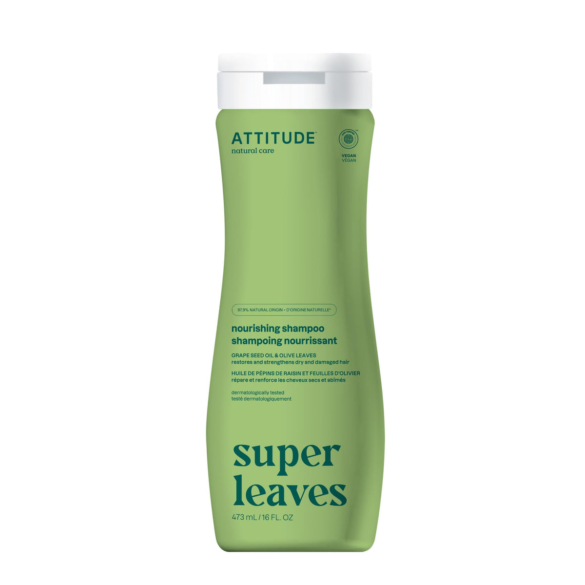 ATTITUDE Nourishing Hair Shampoo, Made in Canada, EWG Verified, For Dry and Damaged Hair, Naturally Derived Ingredients, Vegan and Plant Based, Grapeseed Oil and Olive Leaves, 473 mL