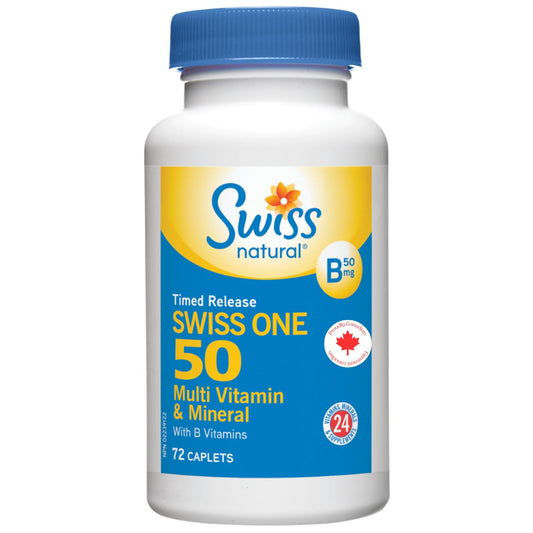 Swiss Natural Timed Release Swiss One 50 | All in One Multi Vitamin & Mineral with B Vitamins | Daily Maintenance for Overall Health | No Additives (72 Caplets)