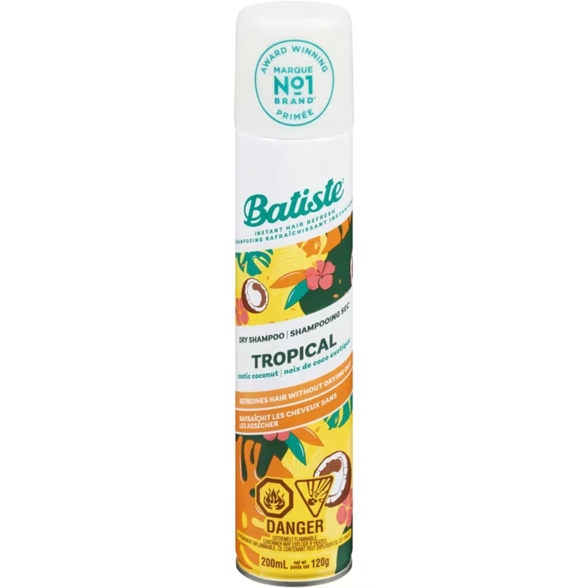 Batiste Dry Shampoo with Tropical Scent 200ml, Fragrance with Hints of Coconut, Jasmine, and Peach to Leave Hair Smelling Great, Instantly Refreshes and Absorbs Grease