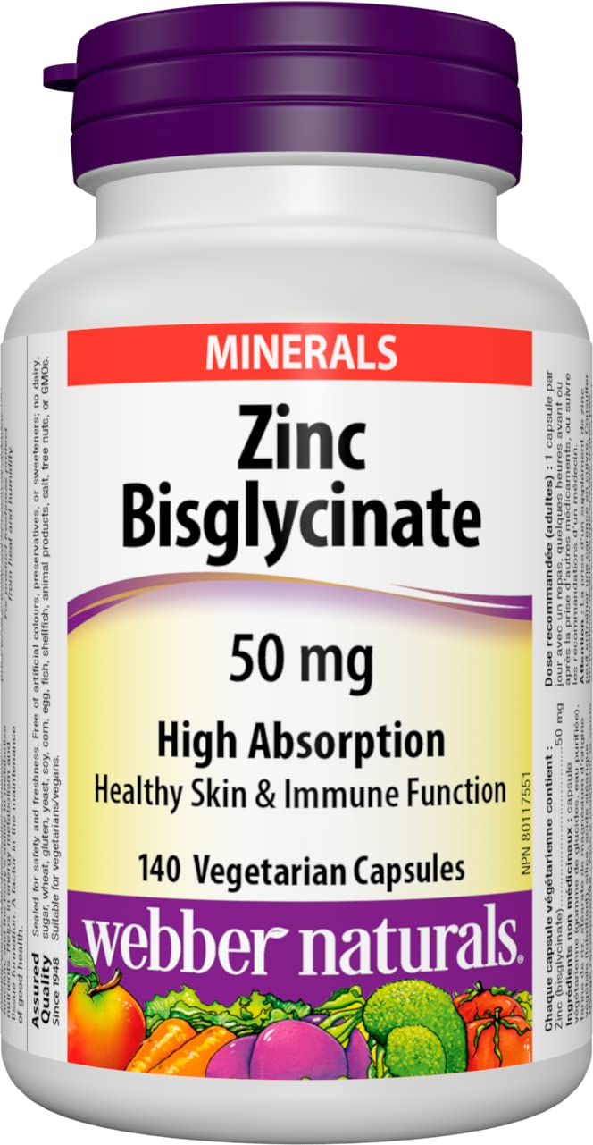 Webber Naturals Zinc Bisglycinate, 50 mg, 140 Capsules, High Absorption, Supports Healthy Skin and Immune Function, Stomach-Friendly, Vegan