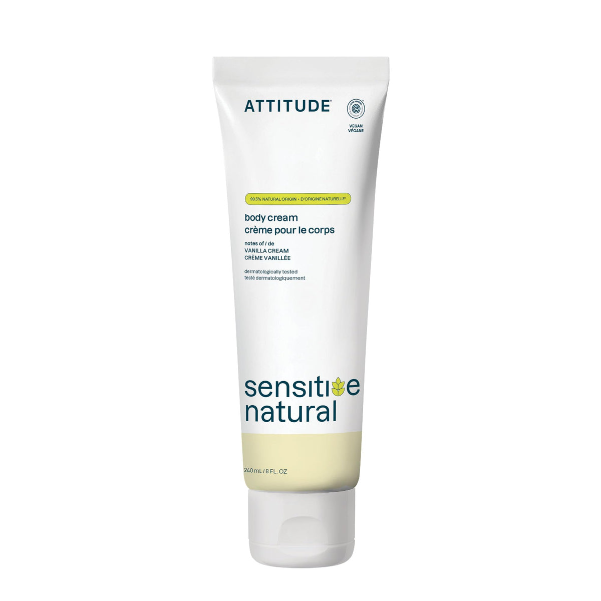 ATTITUDE Body Cream for Sensitive Skin with Oat, Made in Canada, EWG Verified, Dermatologically Tested, Vegan, Vanilla Cream, 240 mL