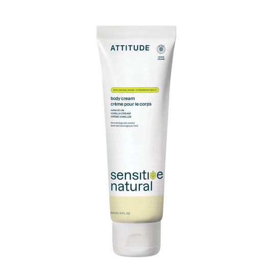 ATTITUDE Body Cream for Sensitive Skin with Oat, Made in Canada, EWG Verified, Dermatologically Tested, Vegan, Vanilla Cream, 240 mL