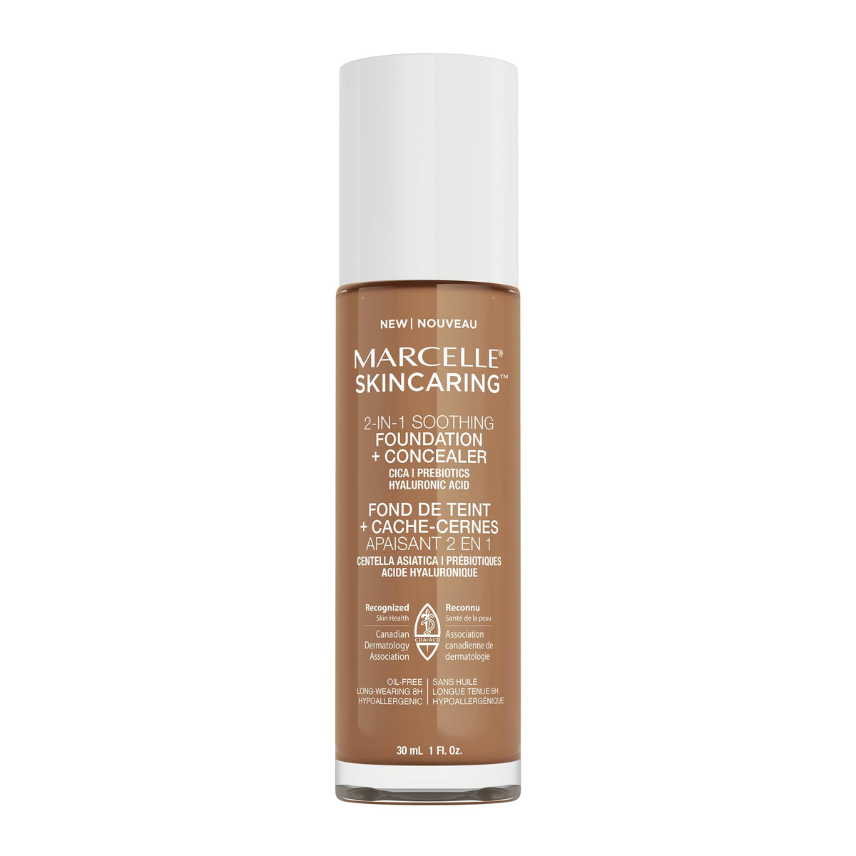 Marcelle Skincaring 2-in-1 Soothing Foundation + Concealer, Sun Tan, with Hyaluronic Acid, Medium Coverage, Matte Finish, Oil-Free, Cruelty-Free, Fragrance-Free, Hypoallergenic, 30 mL
