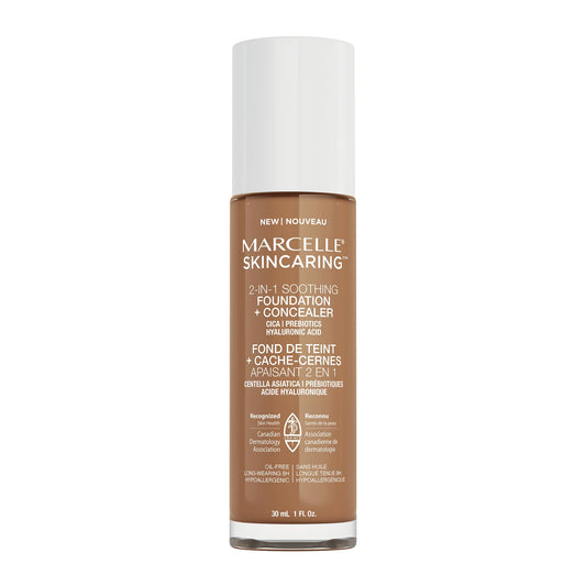 Marcelle Skincaring 2-in-1 Soothing Foundation + Concealer, Sun Tan, with Hyaluronic Acid, Medium Coverage, Matte Finish, Oil-Free, Cruelty-Free, Fragrance-Free, Hypoallergenic, 30 mL