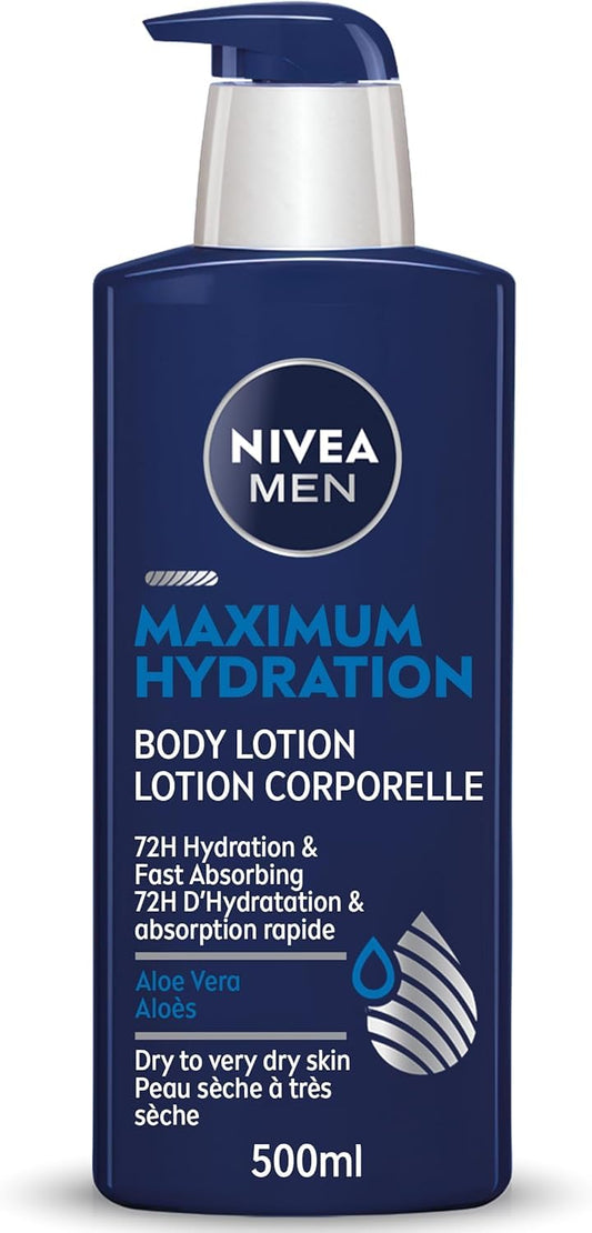 NIVEA MEN Maximum Hydration Body Lotion for Dry to Very Dry Skin, 72-Hr Moisture, Fast-Absorbing Body Moisturizer for Men with Aloe Vera, 500 ml