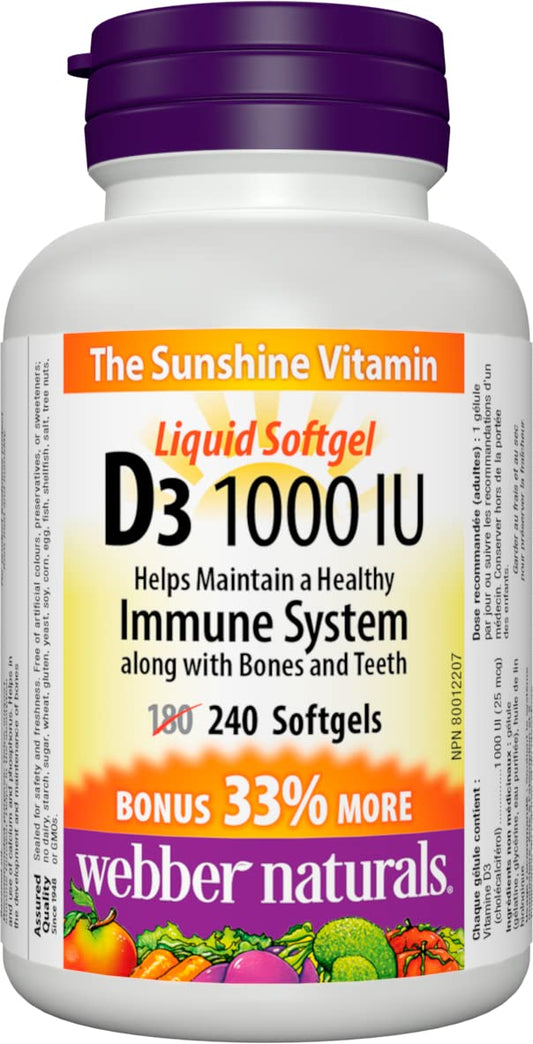 Webber Naturals Vitamin D3 1000 IU, 240 Softgels, For Healthy Bones, Teeth, and the Maintenance of Good Health