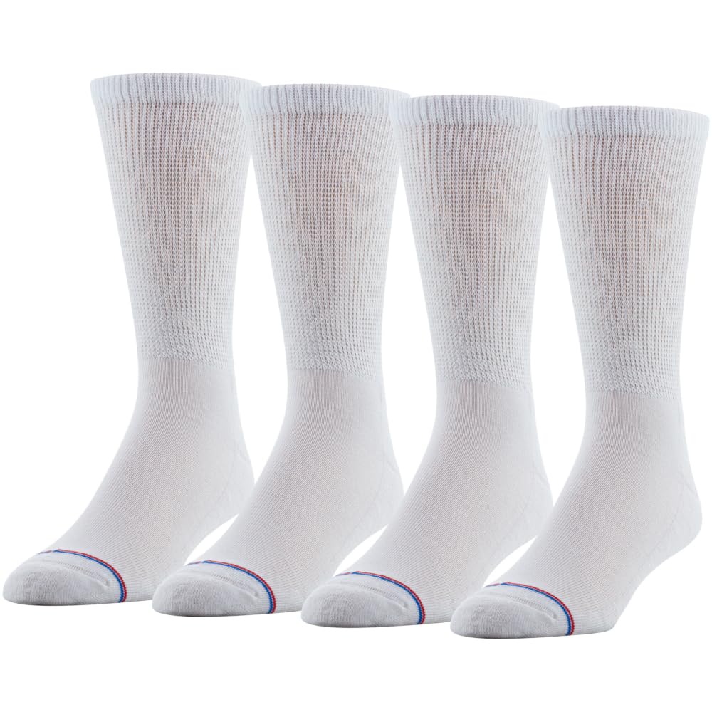 PEDS Women's Diabetic Crew Socks with Non-Binding Top and Cushion Sole 4 Pairs, White, 10-13