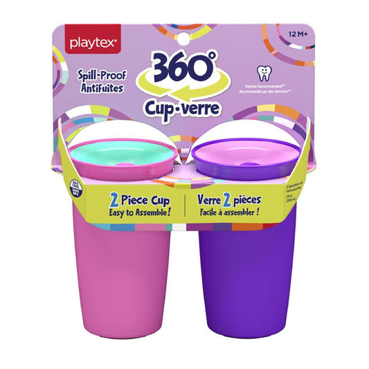 Playtex Baby Sipsters 360 Baby Cups for 12+ Months, 10 Ounces (2 Count), Pink & Purple, Toddler Water Bottle for Kids Hydration, Spill-Proof Training Sippy Cups for Toddlers 1-3, Stage 2