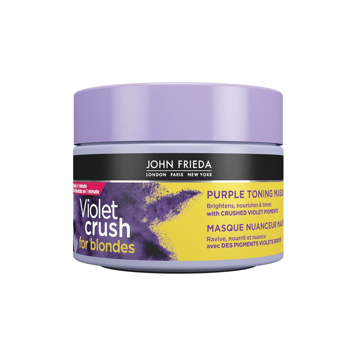 John Frieda Violet Crush Purple Toning Masque/Mask for Natural, Colour-Treated, and Bleached Blonde Hair | Neutralizes Brassiness and Yellow tones | Cool tone blonde | Purple Pigments (250 mL) Packaging May Vary