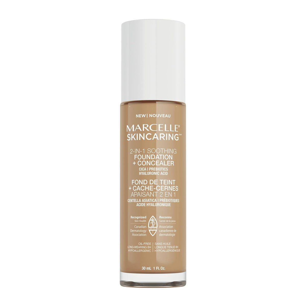 Marcelle Skincaring 2-in-1 Soothing Foundation + Concealer, Natural Beige, with Hyaluronic Acid, Medium Coverage, Matte Finish, Oil-Free, Cruelty-Free, Fragrance-Free, Hypoallergenic, 30 mL