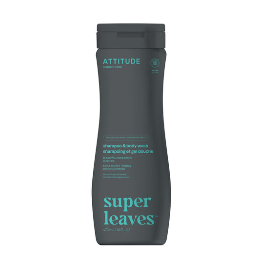 ATTITUDE 2in1 Shampoo and Body Wash, Made in Canada, EWG Verified, Plant and Mineral-Based, Vegan Personal Care Products, Black Willow and Aspen, 473 mL
