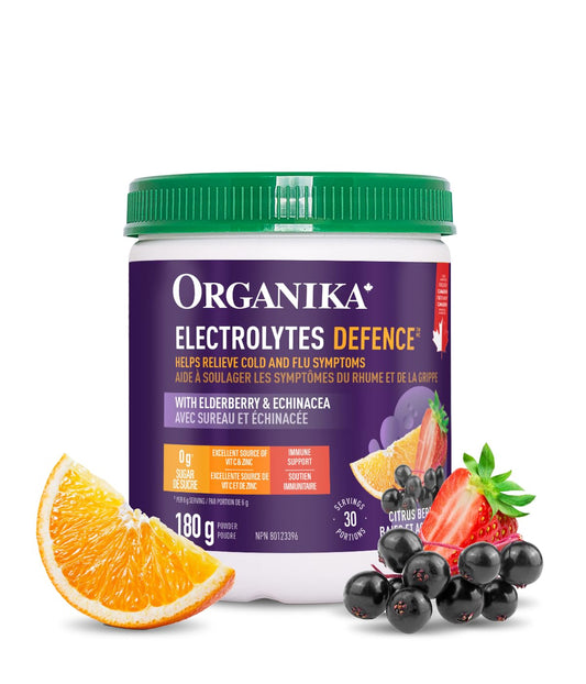 Organika Canadian-Made Electrolytes Defence with Elderberry and Echinacea- Citrus Berry - Immune System Support, Sugar Free Hydration and Electrolyte Replenishment- 180g