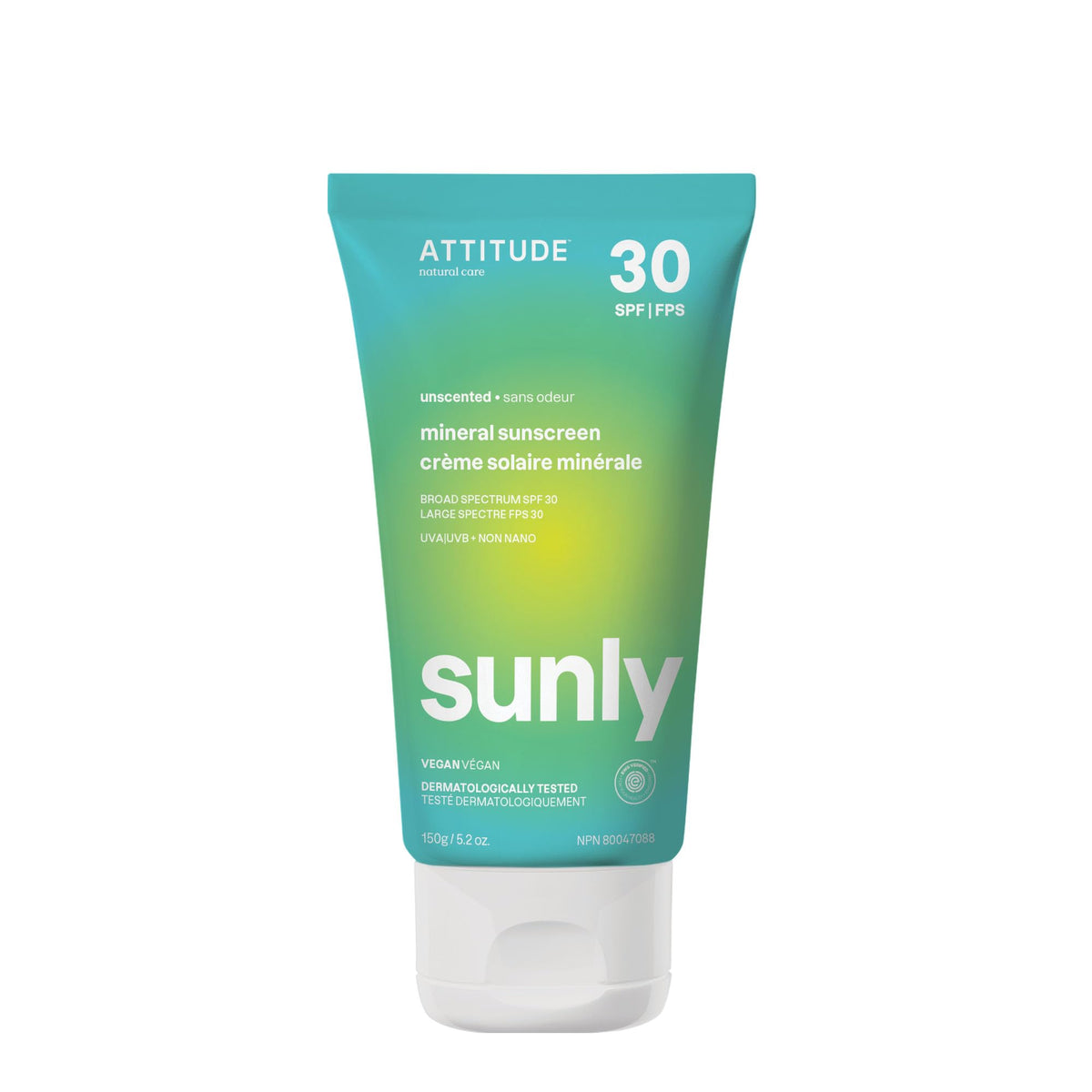 ATTITUDE Mineral Sunscreen with Zinc Oxide, SPF 30, Made in Canada, EWG Verified,Broad Spectrum UVA/UVB Protection, Dermatologically Tested, Vegan, Unscented, 150 grams