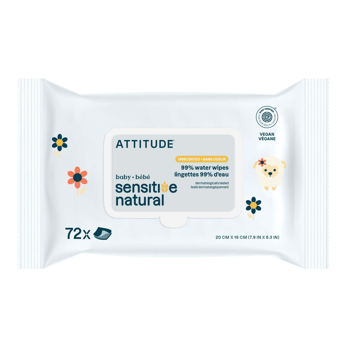 ATTITUDE Baby Wipes Unscented, For Sensitive Skin with Oat, Natural Origin, Dermatollogically Tested, For Babies, Toddlers & Kids, Revitalizing Chamomile Extract, EWG Verified, 72 Count
