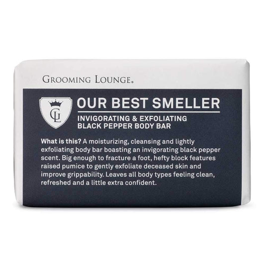 Grooming Lounge Our Best Smeller Body Bar - Moisturizes, Cleanses and Lightly Exfoliates - Removes Dirt, Oil and Dead Skin - Imparts Amazing Black Pepper Scent - Provides Ideal Lather Level - 200 g