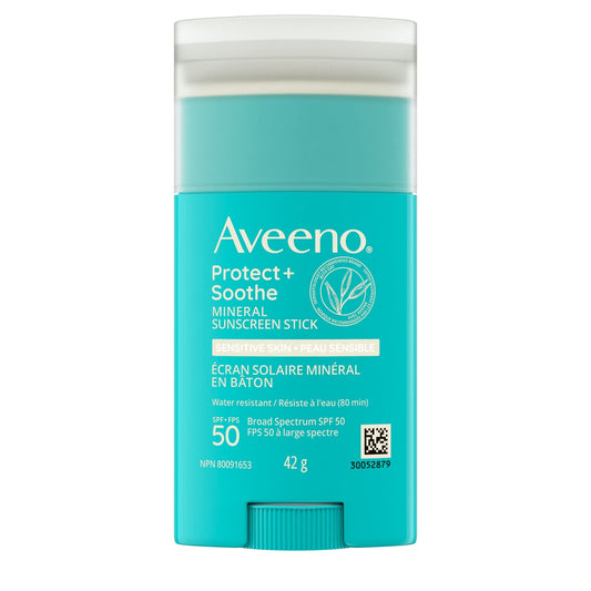 Aveeno Protect + Soothe Mineral Sunscreen Stick SPF 50+ - Sensitive Skin, Quick Drying and Water-Resistant, Sun Protection - Pure Oats & Zinc Oxide, Paraben Free, Broad Spectrum UVA/UVB - 42 Gram