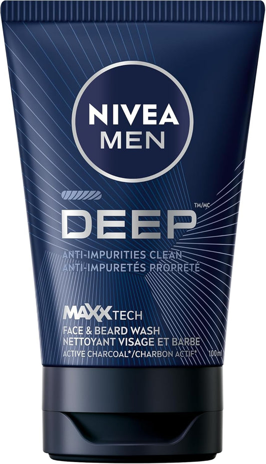 NIVEA MEN Deep Face & Beard Wash, Anti-Impurities Clean Charcoal Face Wash Powered by MAXXTECH with Black Carbon, Deeply Cleanses, Instantly Less Visible Oily Skin, Dark Wood Scent, 100mL