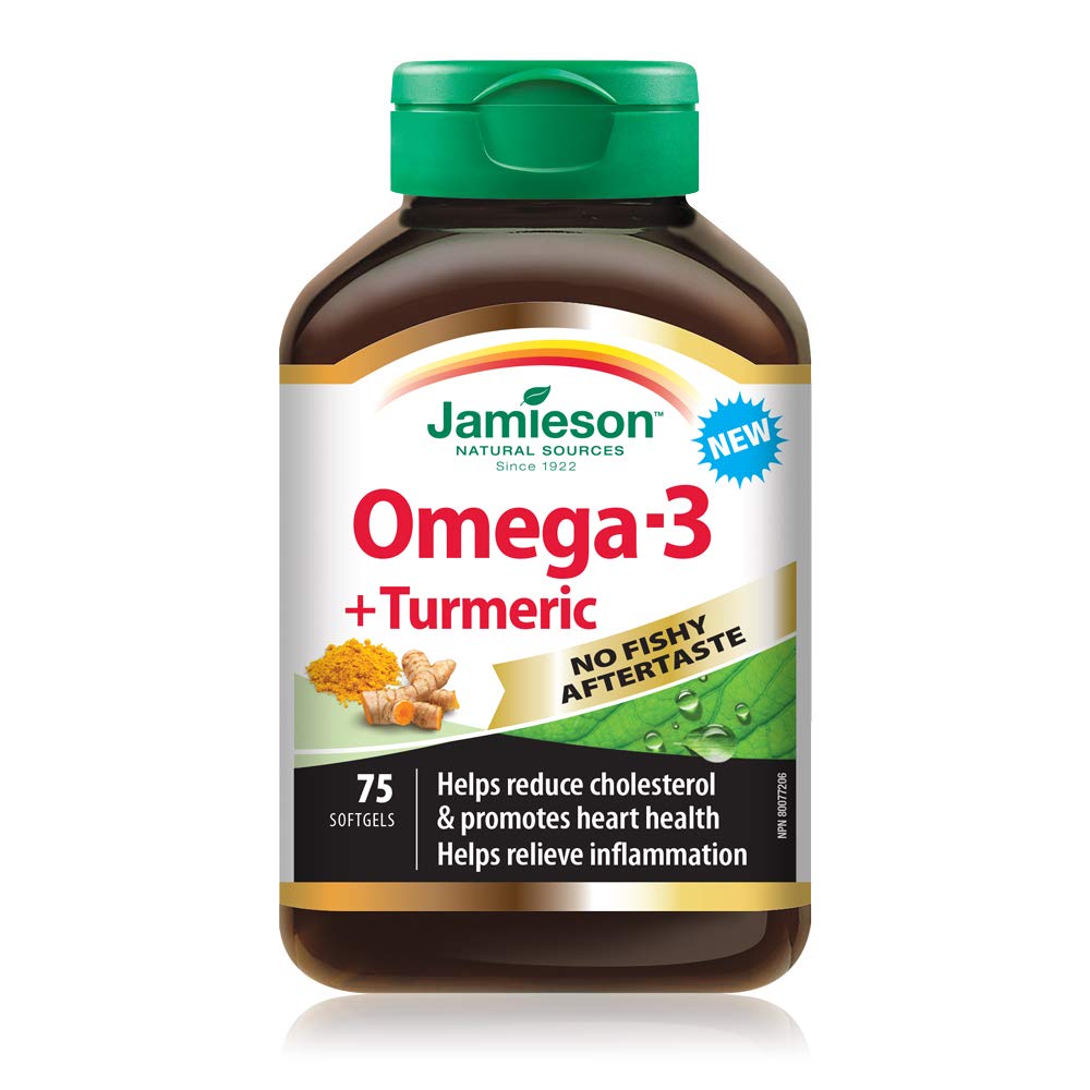 Jamieson Omega-3 + Turmeric Softgels, No Fishy Aftertaste, Supports Heart, Brain, and Joint Health. Fish Oil, Reduces Cholesterol and Inflammation, with EPA and DHA, Gluten-Free, 75 Count, Proudly Canadian