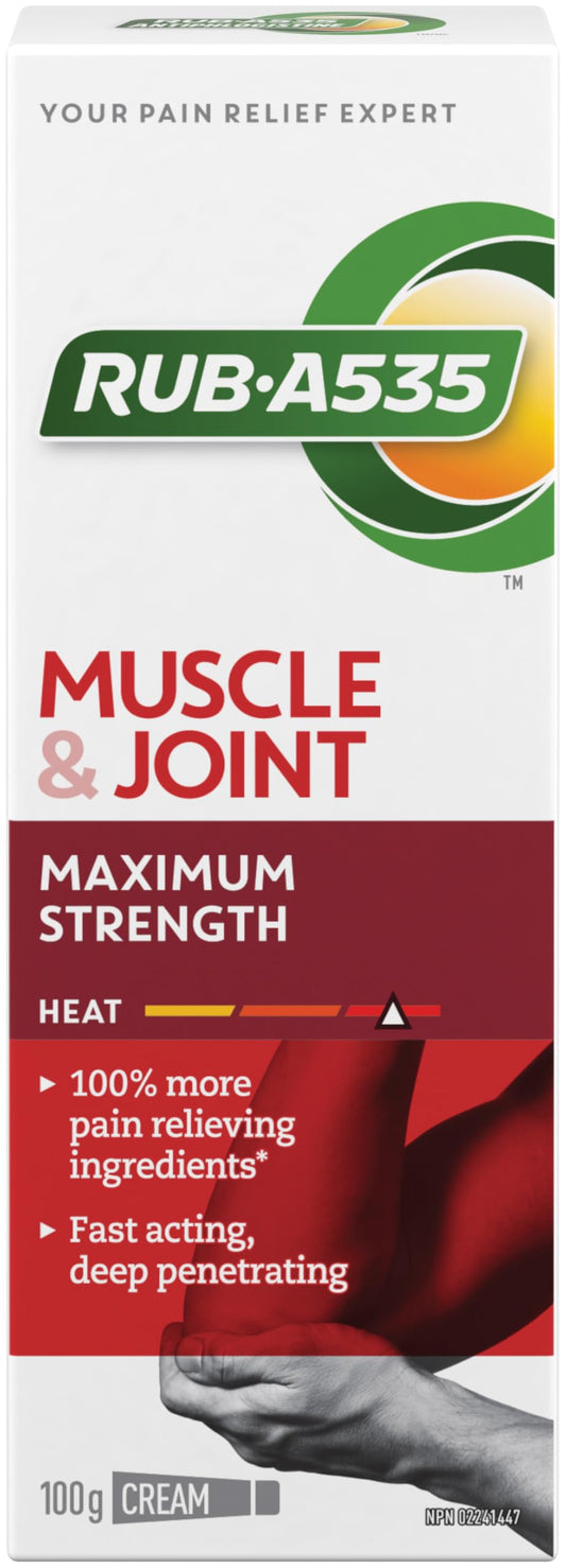 Rub-A535 Muscle & Joint Max Strength Pain Relief Cream - Made in Canada, Fast Acting Pain Relief, 100% More Pain Relieving Ingredients, Stainless and Greaseless, Works on Contact - 100g