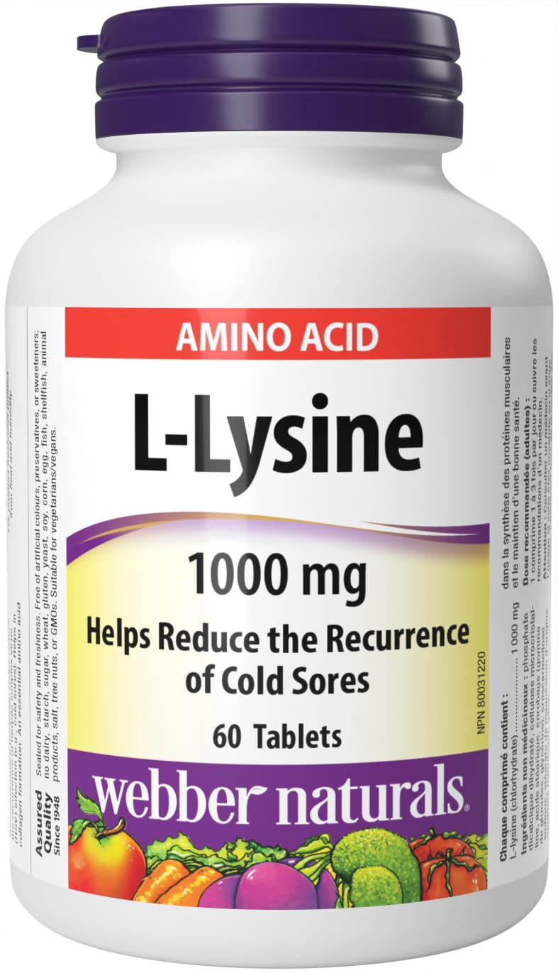 Webber Naturals L-Lysine 1000 mg, 60 Tablets, Prevents Cold Sores, Vegan