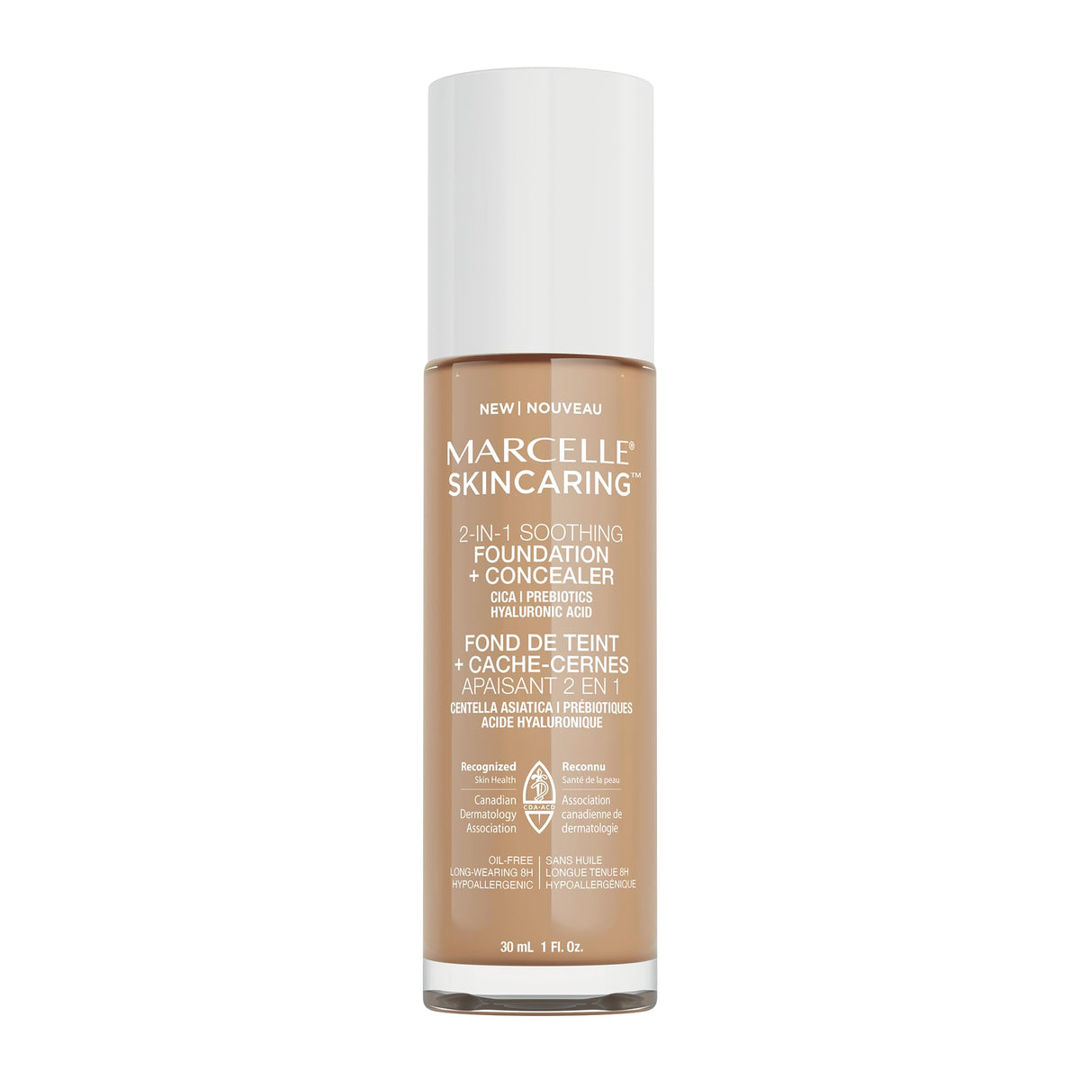 Marcelle Skincaring 2-In-1 Soothing Foundation + Concealer, Buff Beige, With Hyaluronic Acid, Medium Coverage, Matte Finish, Oil-Free, Cruelty-Free, Fragrance-Free, Hypoallergenic, 30 mL