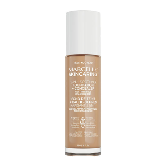 Marcelle Skincaring 2-In-1 Soothing Foundation + Concealer, Buff Beige, With Hyaluronic Acid, Medium Coverage, Matte Finish, Oil-Free, Cruelty-Free, Fragrance-Free, Hypoallergenic, 30 mL
