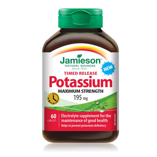 Jamieson Maximum Strength Potassium 195 mg, Gradual Release Formula, Supports Muscle and Nerve Function, Electrolyte Support, and Helps Prevent Potassium Deficiency. Vegetarian, Non-GMO, Gluten-Free, 60 Caplets, Proudly Canadian