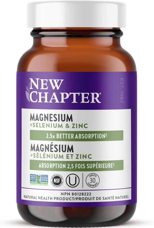 New Chapter Magnesium + Selenium & Zinc Tablets - Bone Health & Muscle Support Supplement - Supports Electrolyte Balance - Vegan, Gluten Free, Non-GMO & Kosher - 30 Tablets