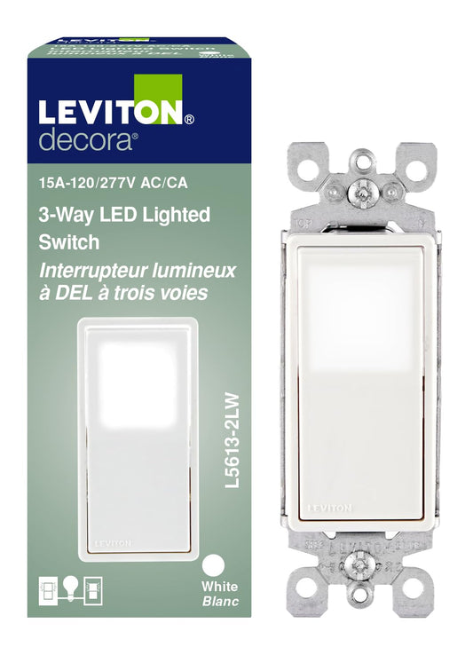 Leviton Decora LED Illuminated Rocker 3-Way Switch, 15 Amp, L5613-2LW, Wallplate not Included, White
