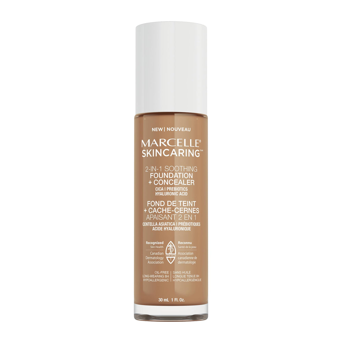 Marcelle Skincaring 2-in-1 Soothing Foundation + Concealer, Natural Tan, with Hyaluronic Acid, Medium Coverage, Matte Finish, Oil-Free, Cruelty-Free, Fragrance-Free, Hypoallergenic, 30 mL