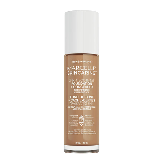 Marcelle Skincaring 2-in-1 Soothing Foundation + Concealer, Natural Tan, with Hyaluronic Acid, Medium Coverage, Matte Finish, Oil-Free, Cruelty-Free, Fragrance-Free, Hypoallergenic, 30 mL