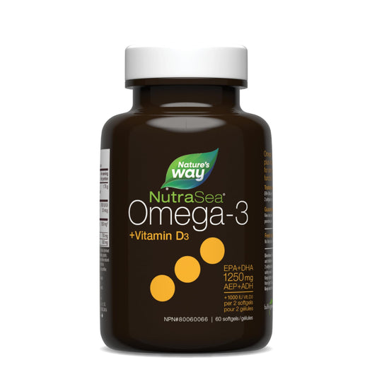 Nature's Way NutraSea Omega-3 and Vitamin D Soft Gels - Fish Oil Supplement with EPA and DHA – Support Heart and Brain Function, Help Build & Maintain Strong Bones and Teeth & Help Support Immune System – Lemon Flavour, 60 Softgels